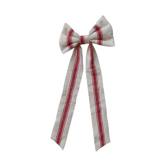 Woven Cotton Clip-on Decorative Bow with Stripes, Natural & Red