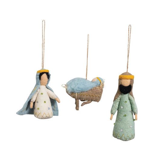 Handmade Wool Felt Holy Family Ornament w/ Metallic Thread Embroidery