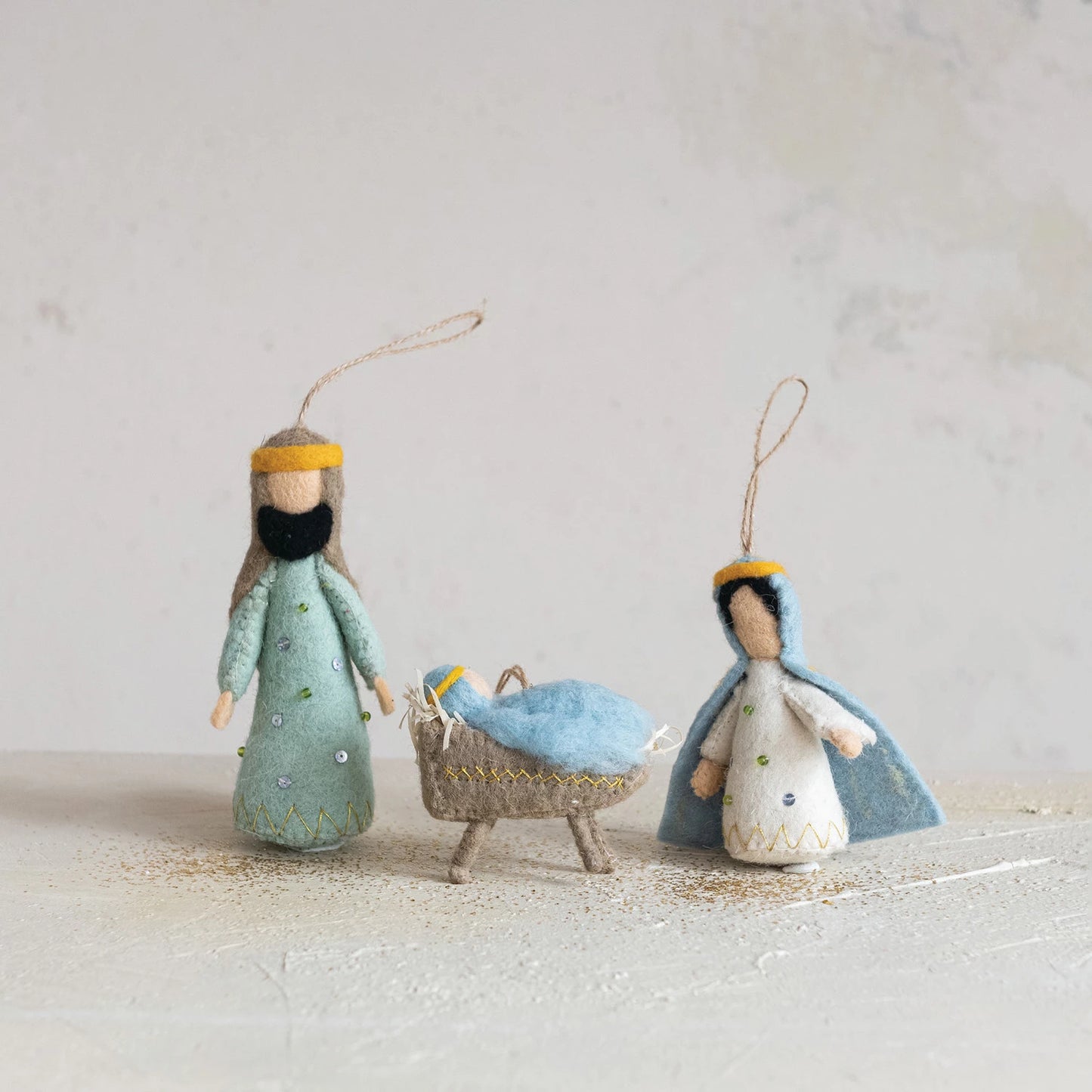 Handmade Wool Felt Holy Family Ornament w/ Metallic Thread Embroidery