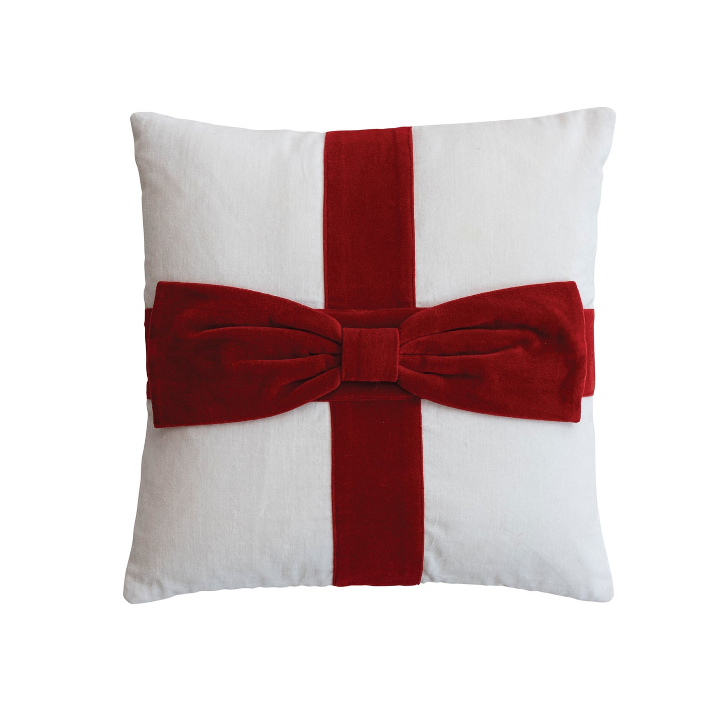 Square Cotton Velvet Pillow with Bow, White & Red