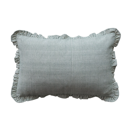 Woven Cotton Green Striped Lumbar Pillow w/ Ruffle Edge