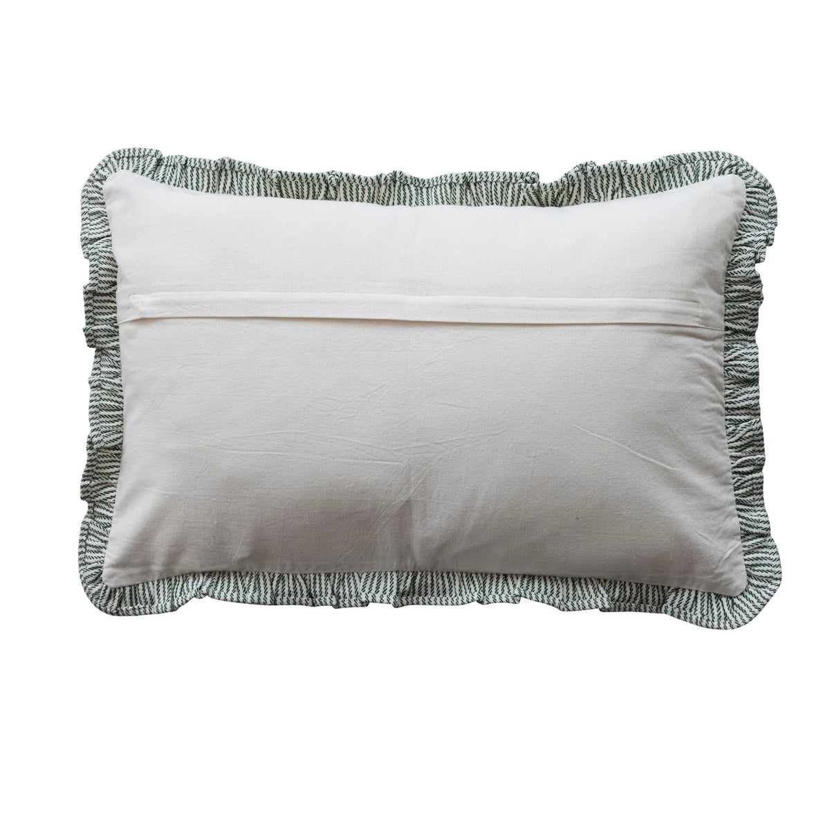 Woven Cotton Green Striped Lumbar Pillow w/ Ruffle Edge
