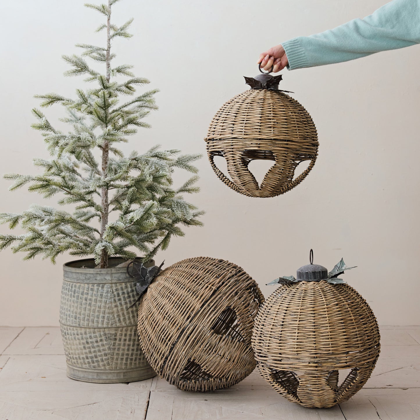 Oversized Hand-Woven Rattan Bell with Metal Leaves