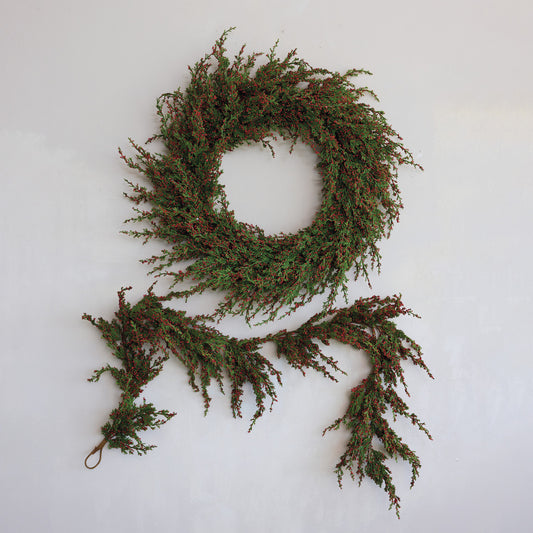 Faux Cypress Red Winterberry Garland or Wreath