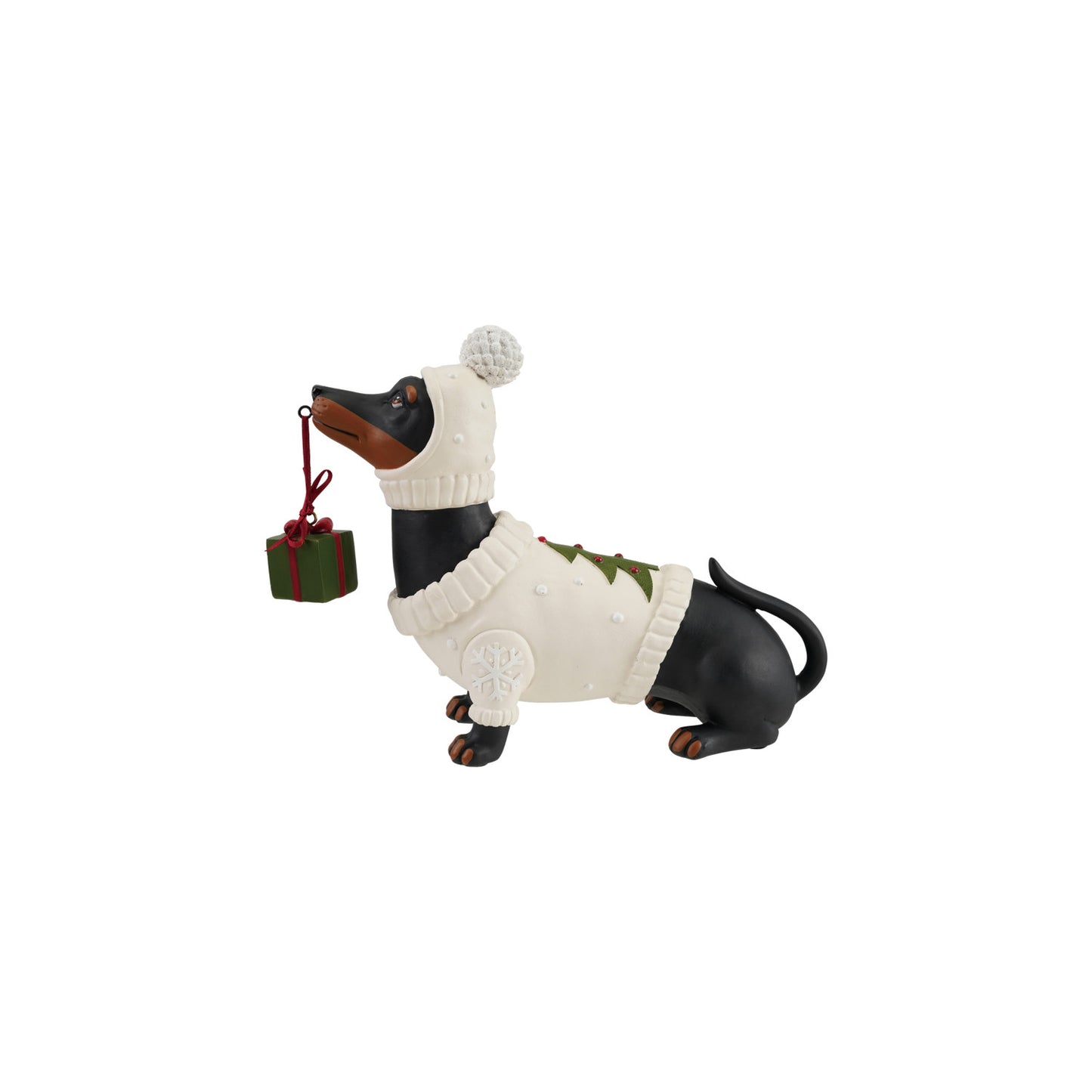 Resin Dachshund in Holiday Sweater Holding Present