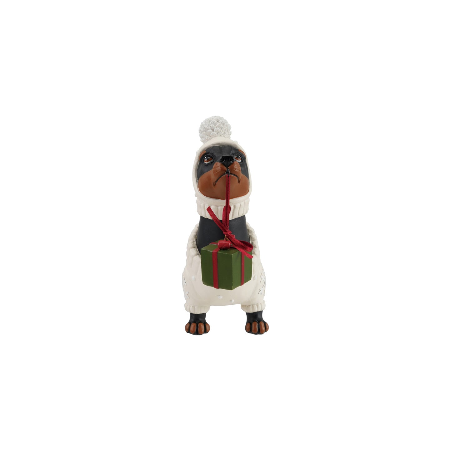 Resin Dachshund in Holiday Sweater Holding Present