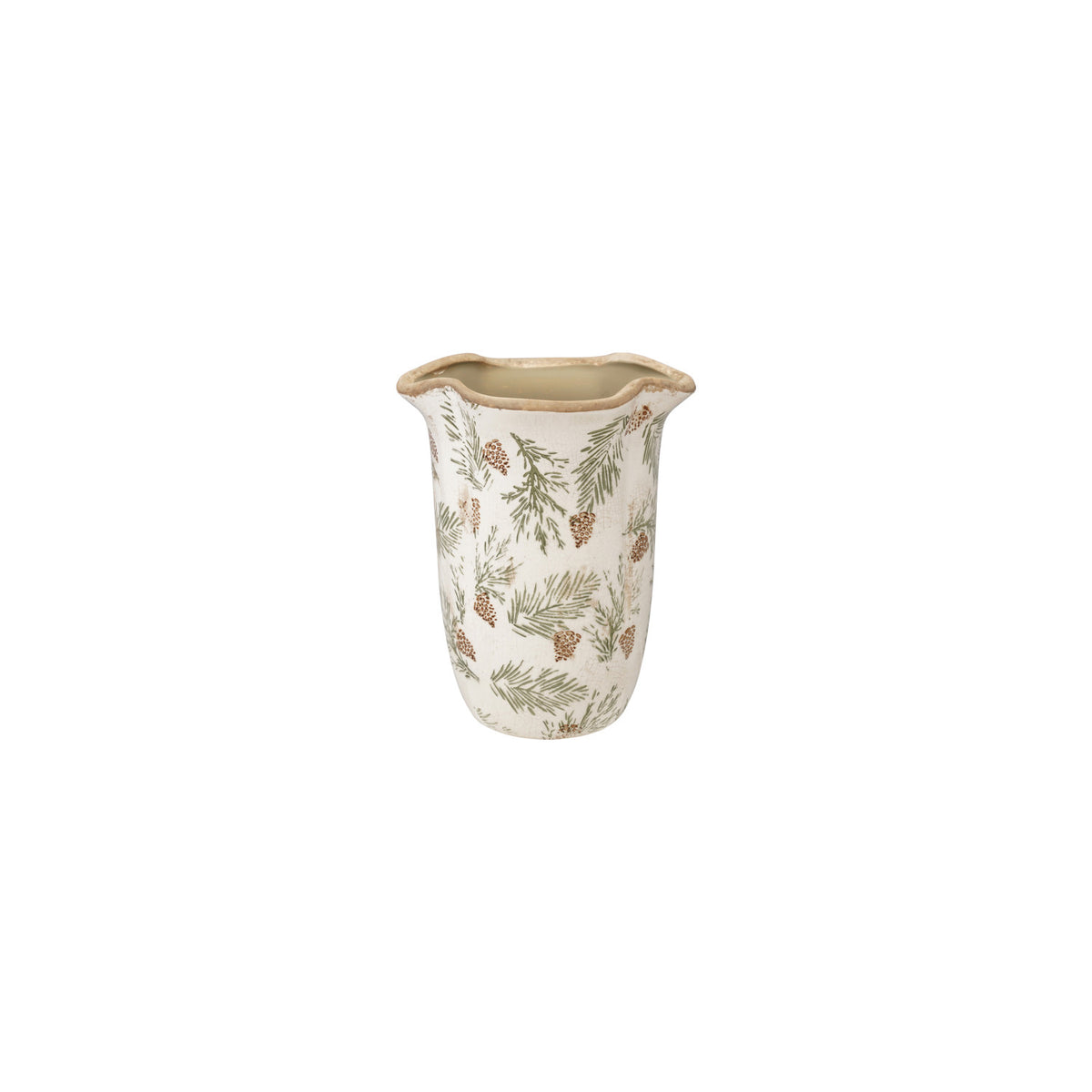 Stoneware Scalloped Vase w/ Pine Bough Pattern