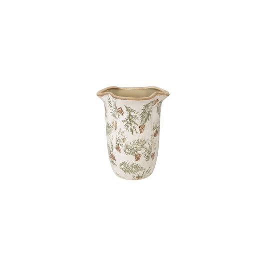 Stoneware Scalloped Vase w/ Pine Bough Pattern