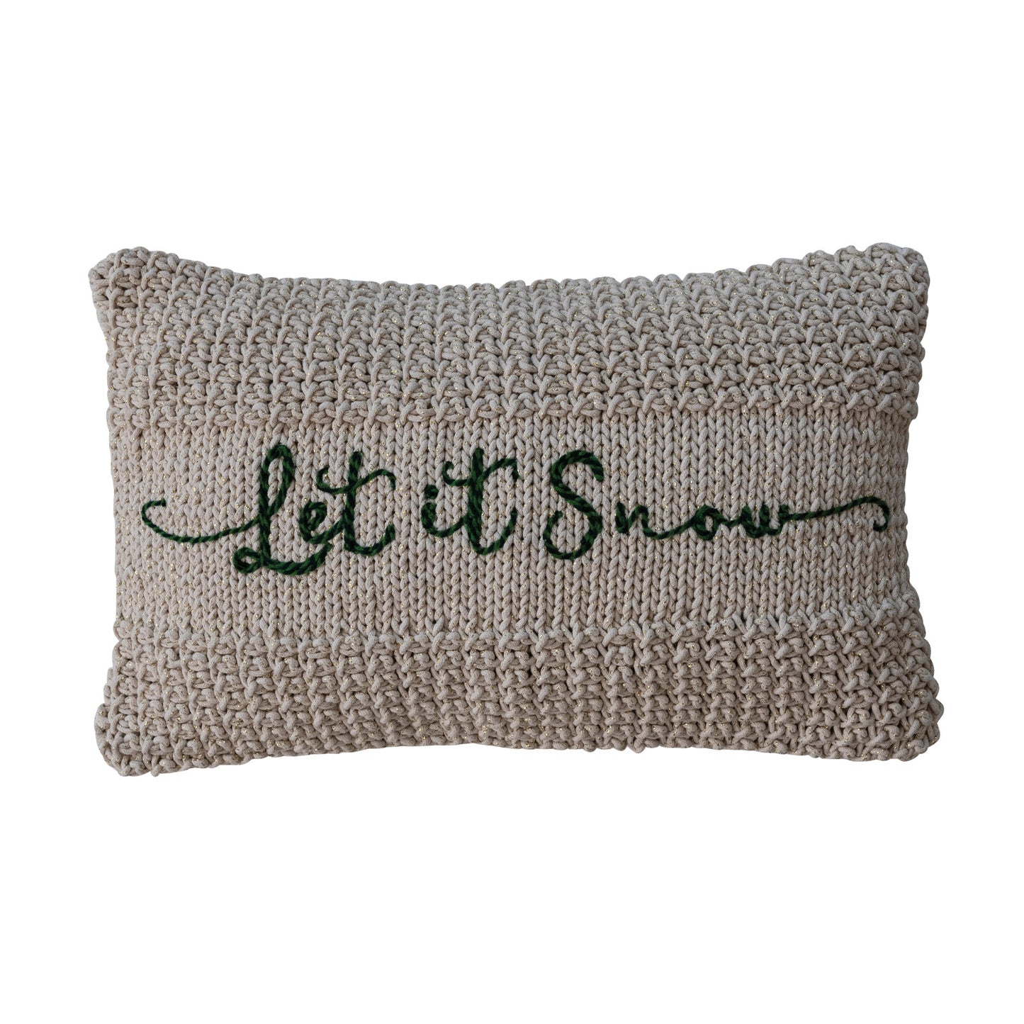 "Let It Snow" Green Embroidered Cotton Knit Lumbar Pillow w/ Metallic Gold