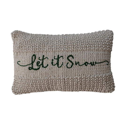 "Let It Snow" Green Embroidered Cotton Knit Lumbar Pillow w/ Metallic Gold