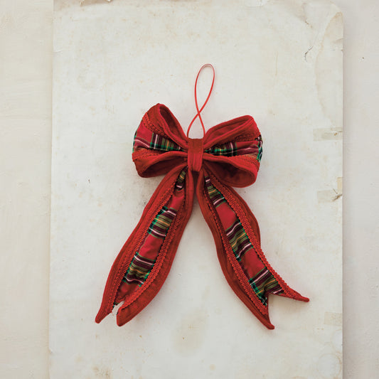 Oversized Red & Green Plaid Bow Ornament | Fabric & Velvet