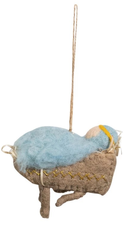 Handmade Wool Felt Holy Family Ornament w/ Metallic Thread Embroidery