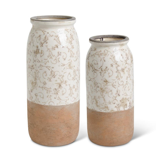 Cream Ceramic Vases with Tan Floral Pattern