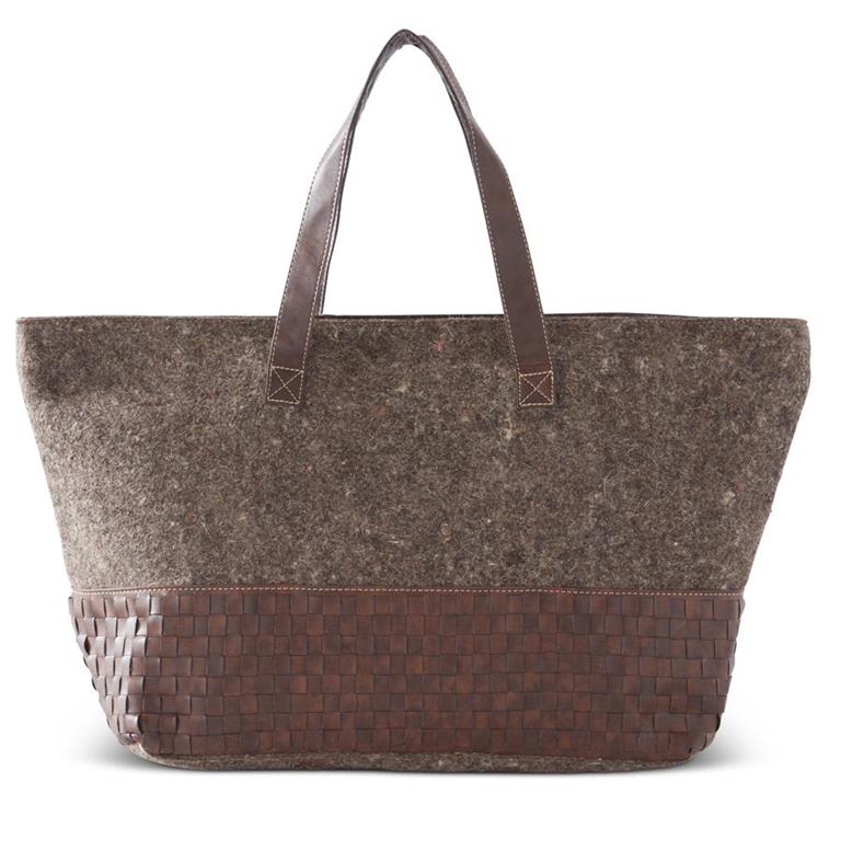 Brown Wool Tote Bag with Basket Weave Pattern