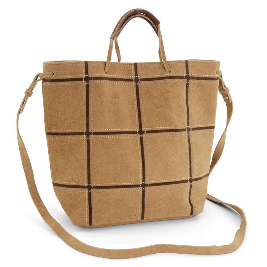 Tan Suede with Brown Leather Windowpane Tote