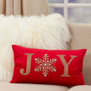 Red Velvet Beaded Joy Lumbar Pillow
