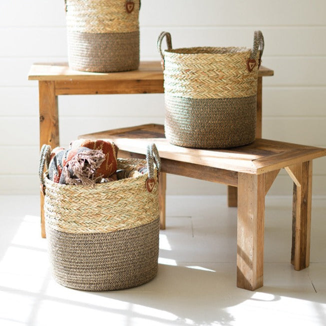 seagrass baskets with brown base handles