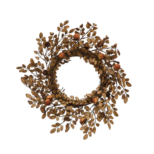 Faux Leaf Wreath with Pinecones and Rose Hips