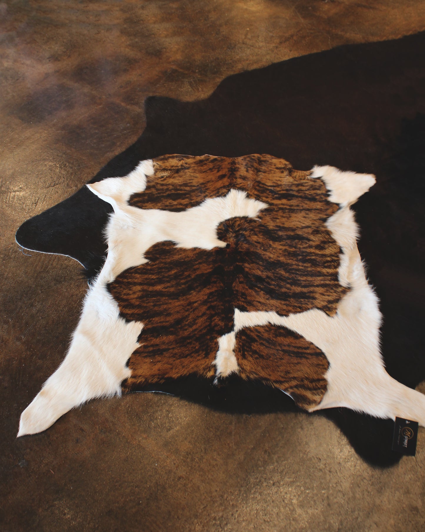 White Striped Brown Spots Cowhide Rug