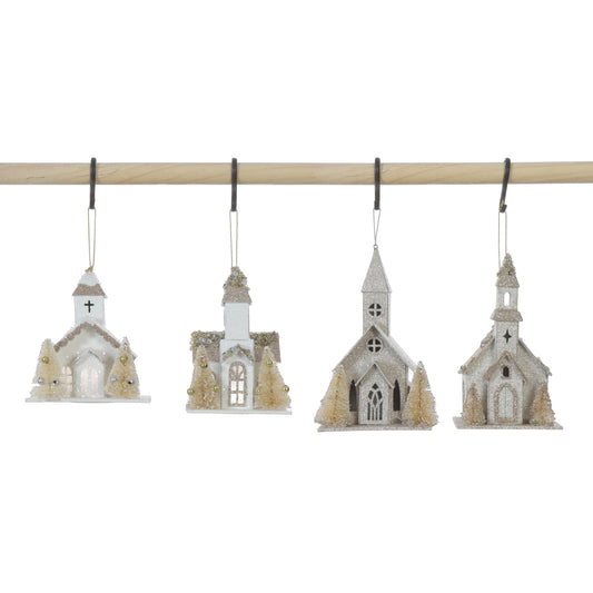 Paper Church Ornament w/ Trees and LED
